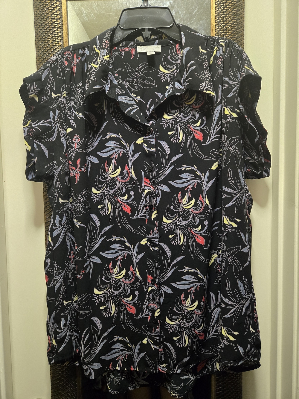 Floral Cap-Sleeve Blouse - Black with Fuscia, Lavender & Yellow Floral Print